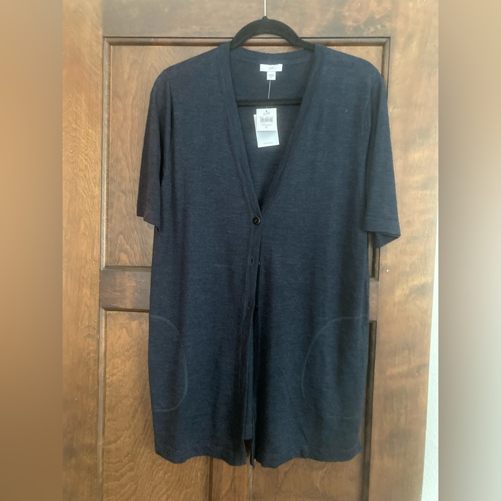 Jjill navy blue, linen rich short (elbow length) long cardigan sweater